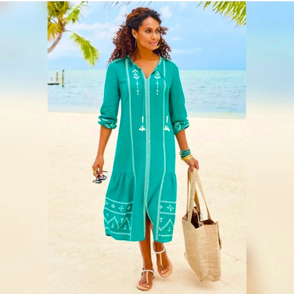 Soft Surroundings Jolie cotton gauze embroidered teal & white midi dress XLarge